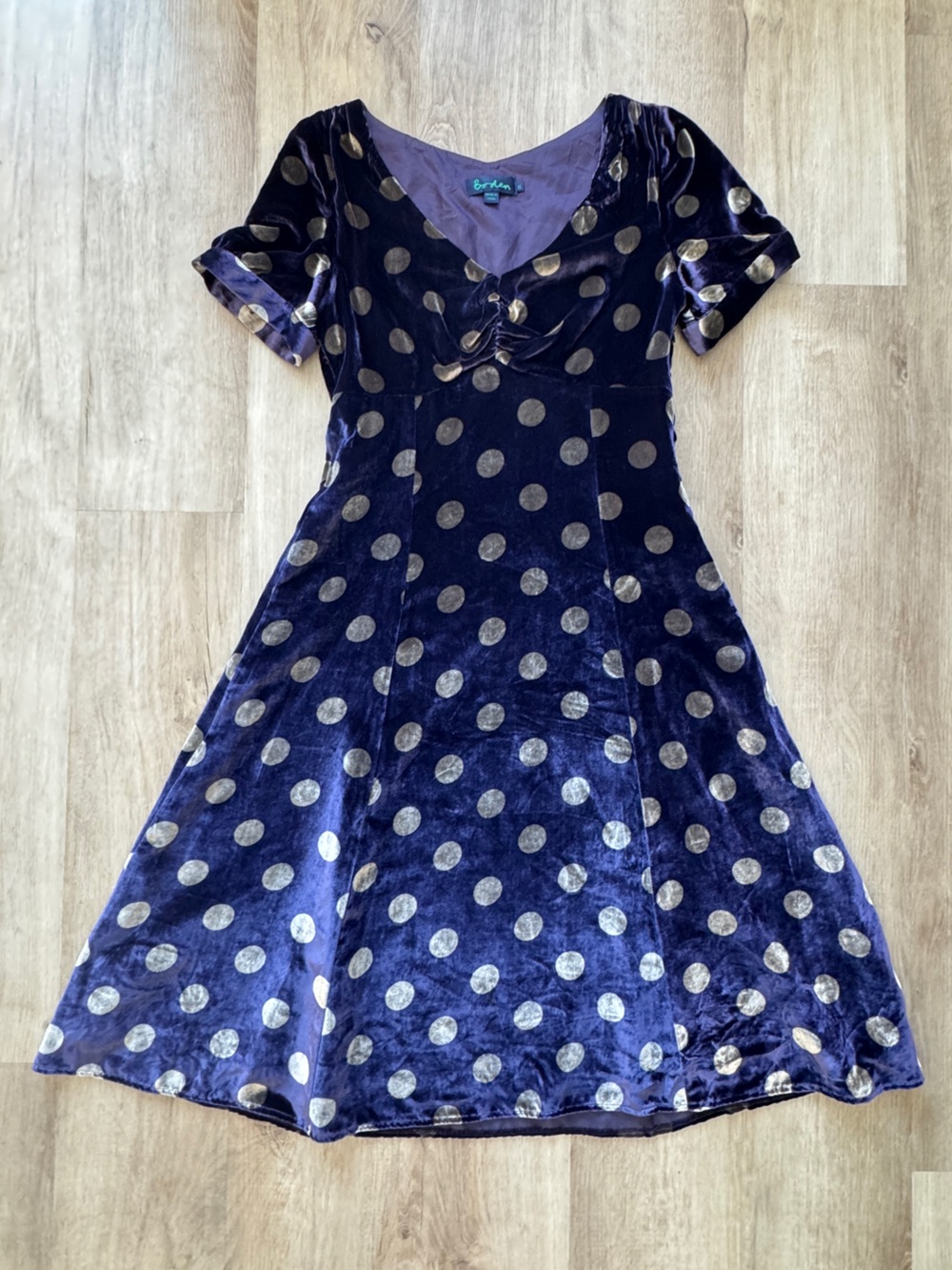 Boden Polka Dot Purple Velvet Dress Fit And Flare Babydoll Pinup Women’s Sz 12L